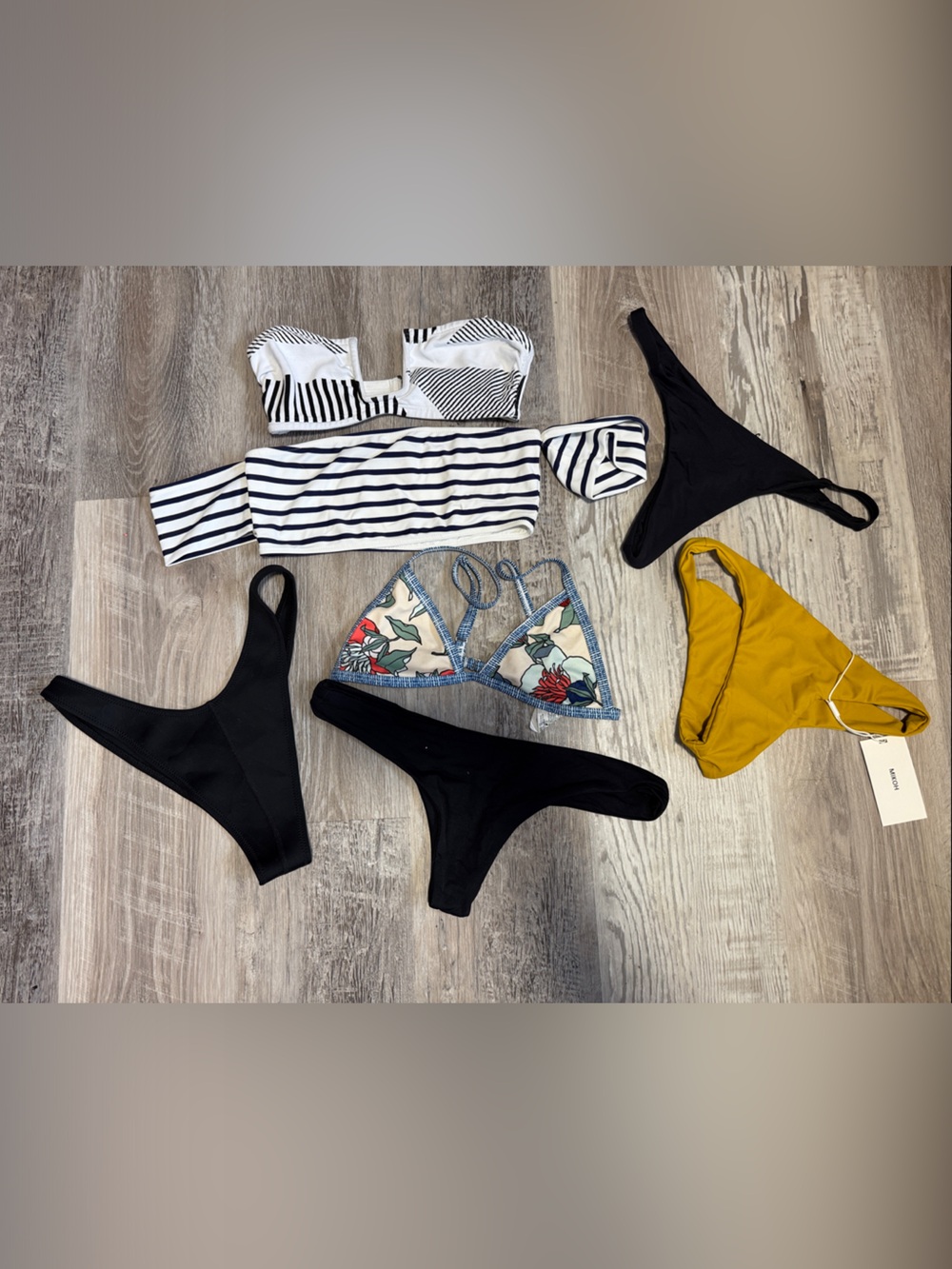 Striped & Floral Mix Women's Bikini Set — Black, White, Mustard